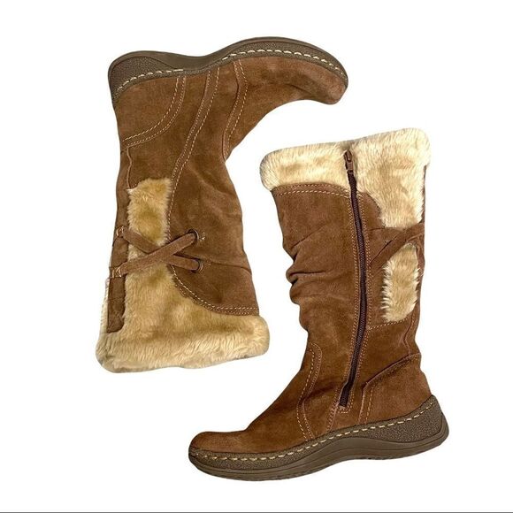 BARETRAPS Eventura Moccasin Style Suede Winter Boots Faux Fur Boho Brown Cream 7 - Picture 3 of 11